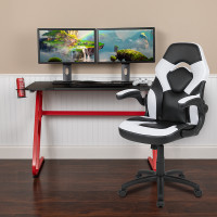 Flash Furniture BLN-X10RSG1030-WH-GG Red Gaming Desk and White/Black Racing Chair Set with Cup Holder and Headphone Hook